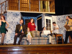 "Noises Off" Back on Stage in Huntington Left to Right: Alison Smith, James Holley, Mary Williams, Kate Morris, Michael Naglee, Greg Kiser, Mike Murdock - Photo by Pam Hagley